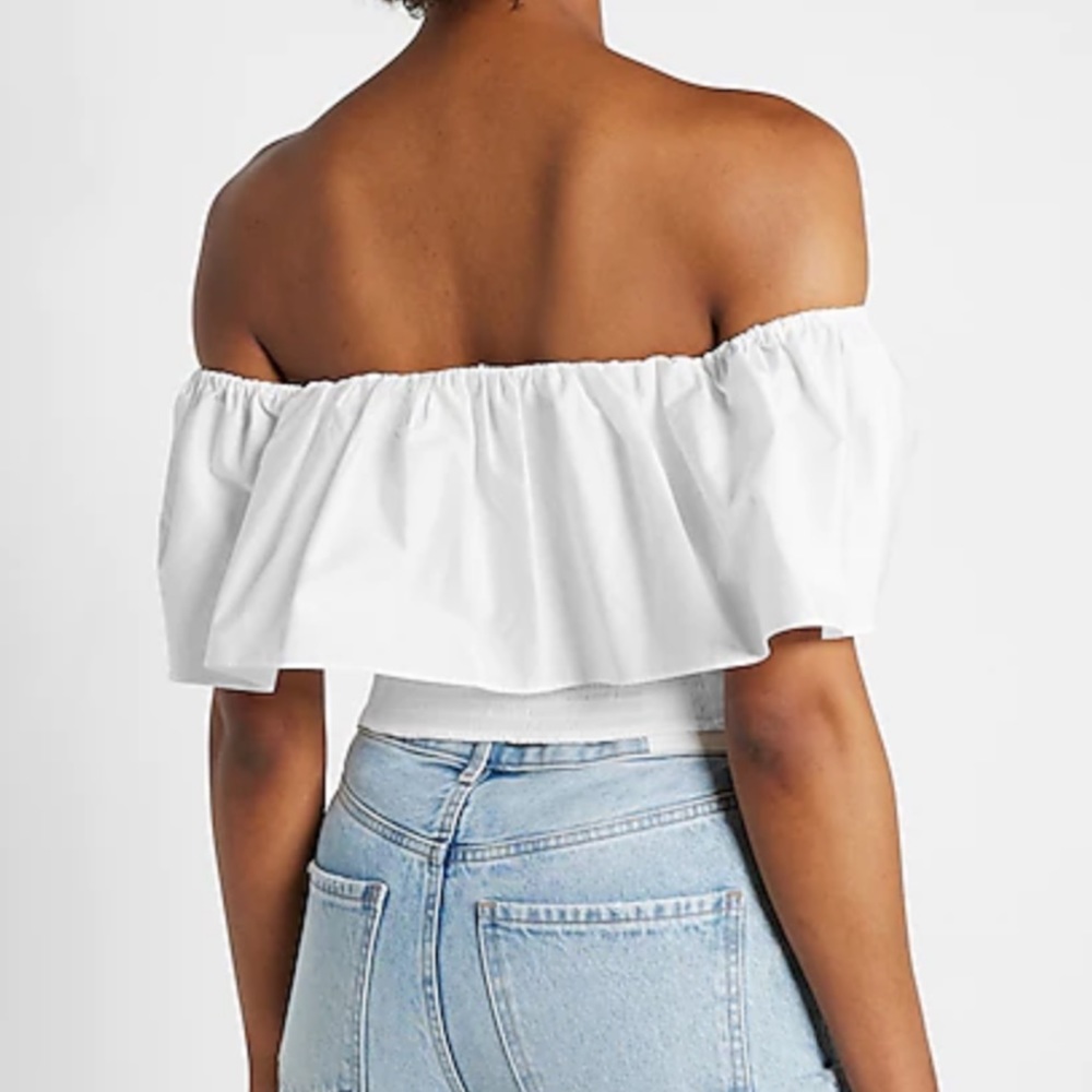 Express Black Off the Shoulder Ruffle Overlay Crop Top - Picture 2 of 12